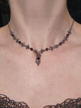 Gothic victorian style red and silver necklace with a small silver chain
